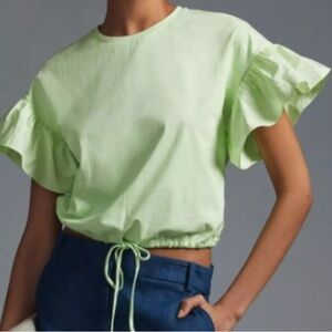 Anthropologie Maeve English Factory Green Ruffled Drop-Shoulder Top, size S